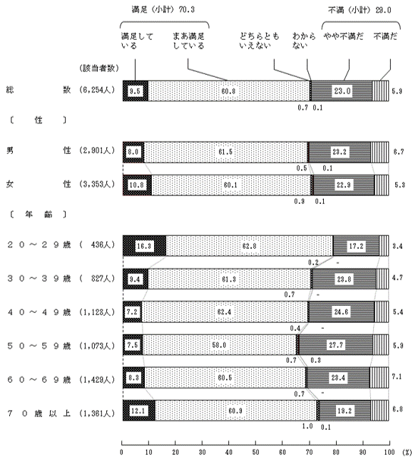 現在の生活に対する満足度（年代別）
